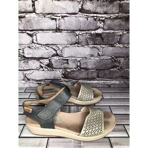 Pikolinos Beige Leather Floral Cut Blue Ankle Strap Wedge Sandals Women 39EU/8.5